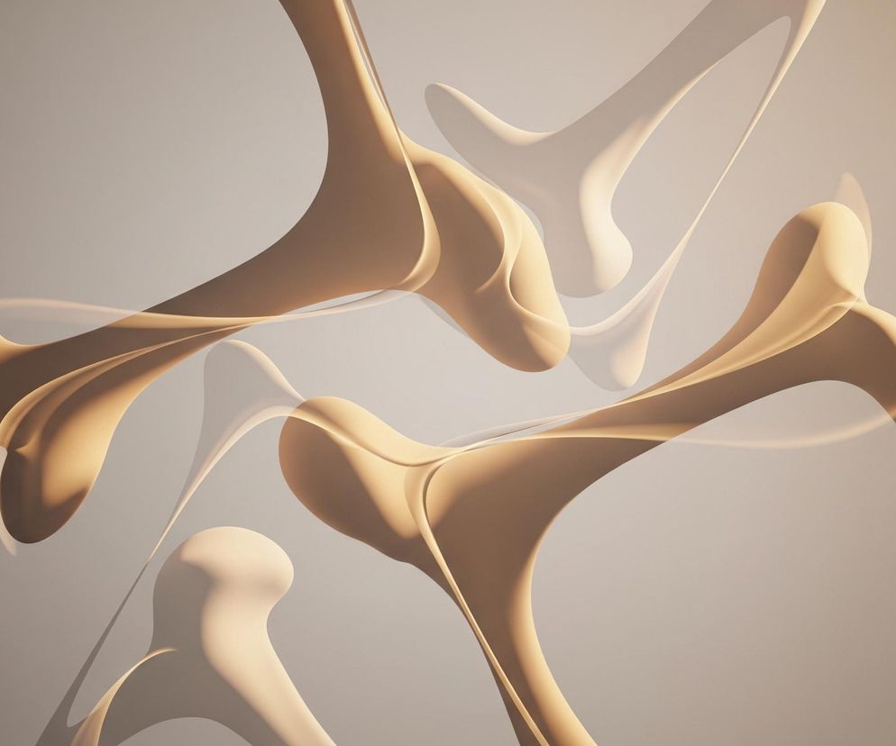 Abstrakcyjna kompozycja trzech splecionych, płynnych form w odcieniach beżu i brązu. Obiekty są gładkie, organiczne, o zaokrąglonych kształtach, przypominające miękkie pętle lub taśmy, z wyraźnymi cieniami podkreślającymi ich trójwymiarowość. Tło ma gradientowe przejście od jaśniejszego, kremowego beżu po lewej stronie do ciemniejszego, ciepłego brązu po prawej, co wzmacnia wrażenie głębi i ruchu kompozycji.