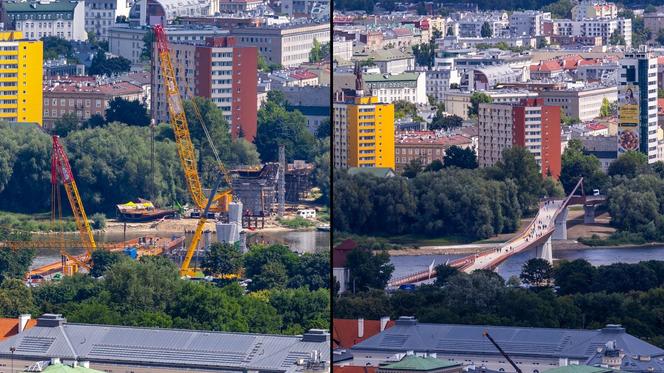 Porównanie stanu budowy kładki przez Wisłę w 2023 i 2024 r.