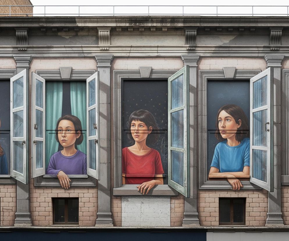 Mural na fasadzie budynku, przedstawiający pięć młodych kobiet wyglądających przez otwarte okna. Każda kobieta ma inną fryzurę i ubrana jest w koszulkę w innym kolorze: od lewej niebieski, fioletowy, czerwony, niebieski, i ostatnia w czerwonym, ze słomianym kapeluszem na głowie. Kobiety mają różne tła w swoich oknach: jasnoturkusową zasłonę, ciemne niebo z gwiazdami, oraz jasnoszare zasłony. Całość namalowana jest na szarej i ceglanej ścianie z detalami architektonicznymi, takimi jak gzymsy i parapety.