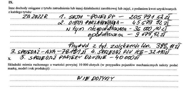 Fragment oświadczenia majątkowego