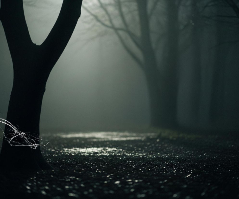 Na pierwszym planie, z lewej strony, dominuje ciemna sylwetka drzewa o pniu rozwidlającym się ku górze, częściowo zasłaniając jasną mglistą scenerię. U podstawy drzewa widoczne są splątane, jasne nitki, przypominające pajęczynę lub delikatne włókna. Podłoże jest ciemne i błyszczące, z licznymi jasnymi punktami odbijającymi światło, sugerującymi wilgoć lub krople deszczu. W tle, przez gęstą mgłę w odcieniach szarości i zieleni, majaczą niewyraźne zarysy kolejnych drzew, tworząc ponury, tajemniczy krajobraz leśny.