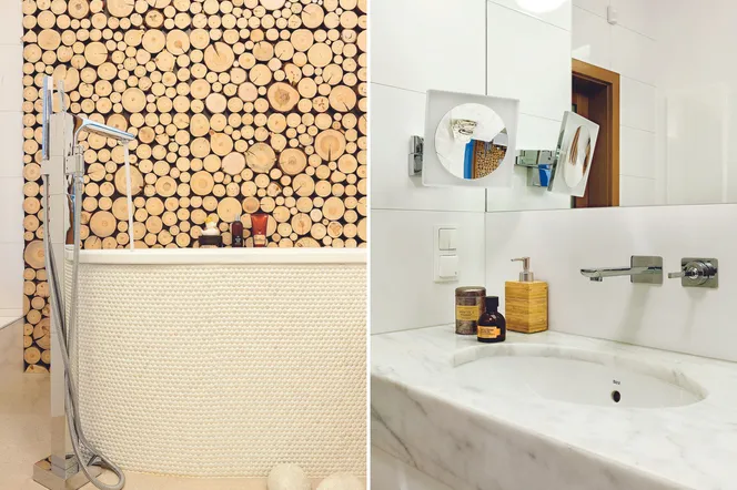Biała łazienka z oryginalną drewnianą ścianą. Agnieszka chciała poczuć bliskość natury