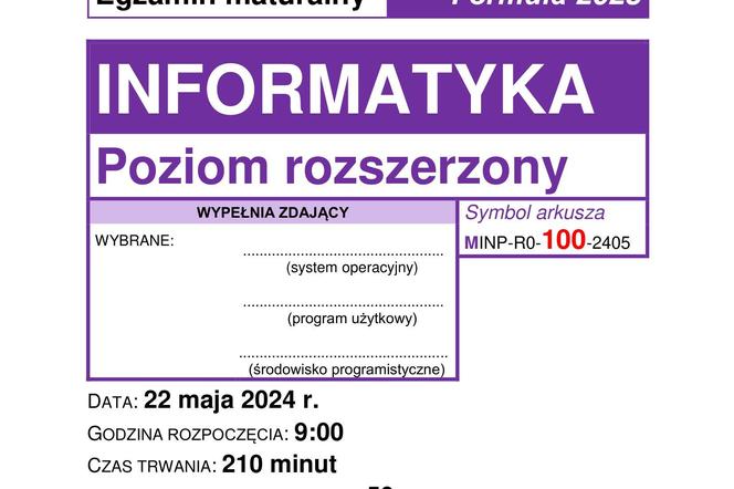 Matura 2024. INFORMATYKA poziom rozszerzony ARKUSZ CKE nowa formuła 2023