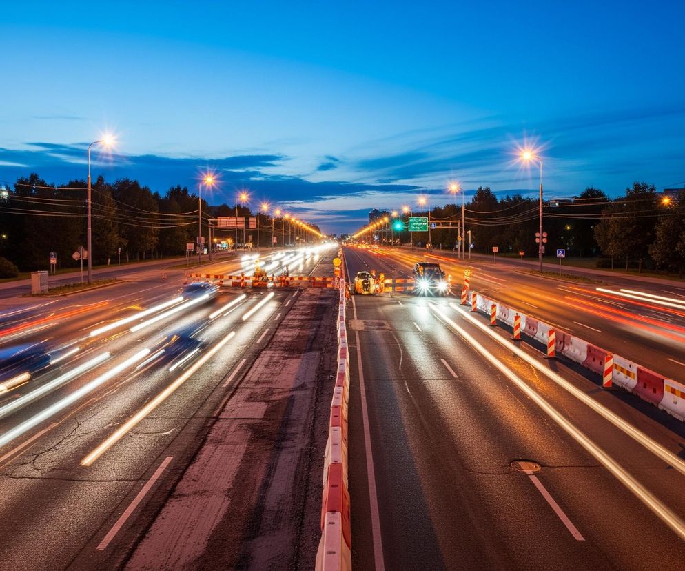 Rozległa miejska droga rozciąga się w perspektywie, przecinana na środku barierami budowlanymi. Liczne latarnie uliczne z ciepłym, żółtym światłem oświetlają trasę, tworząc jasne refleksy na asfalcie. Smugi świetlne od reflektorów i tylnych świateł pojazdów wskazują ruch drogowy w obu kierunkach, intensyfikując wrażenie dynamiki. Ciemne sylwetki drzew i miejska zabudowa w oddali stanowią tło dla pomarańczowo-czerwonego nieba o zmierzchu.
