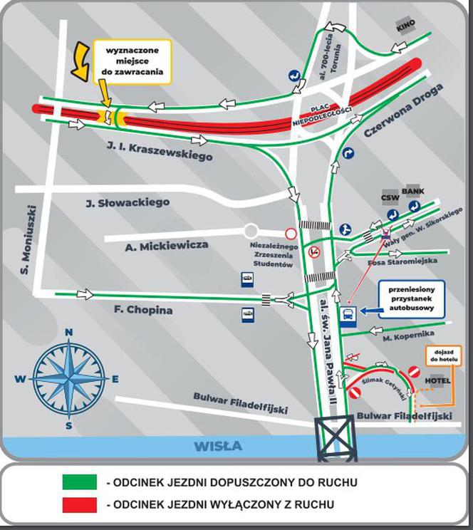Zmiany w ruchu drogowym w Toruniu - mapa od MZK