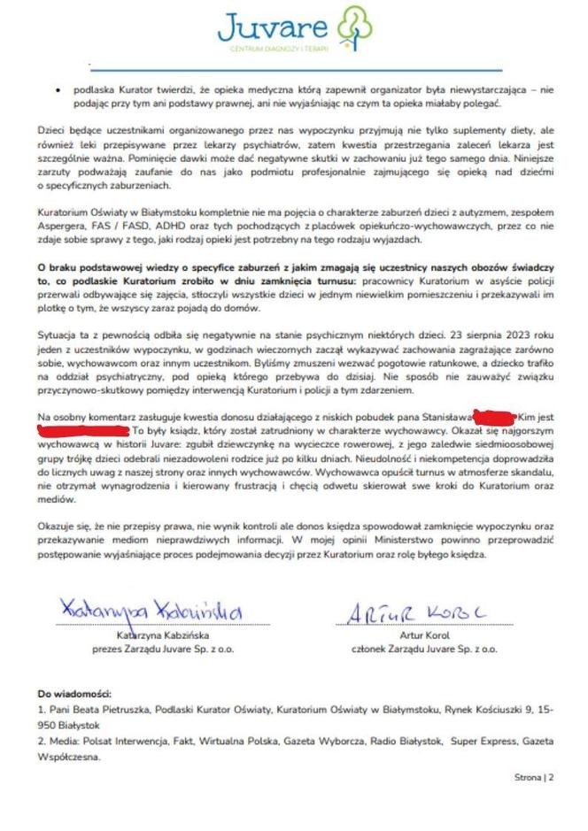 List firmy Juvare do ministra Czarnka.
