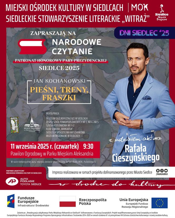 Przed nami Narodowe Czytanie dzieł Jana Kochanowskiego w parku miejskim w Siedlcach. Gościem specjalnym będzie Rafał Cieszyński