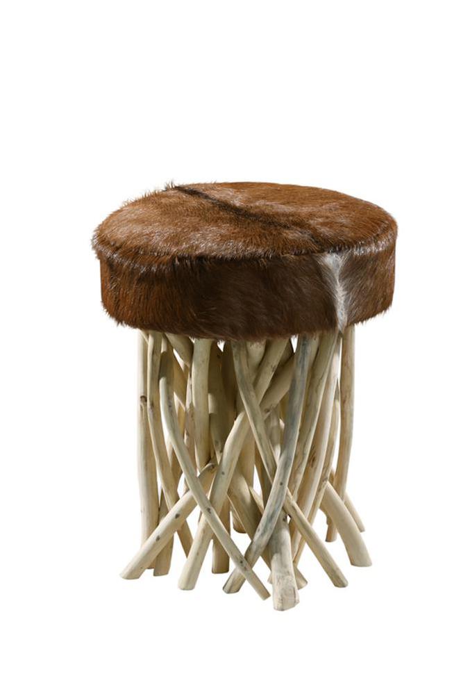 Meble w stylu eko: stołek z drewna, skóry i metalu