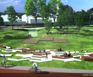 Meble miejskie i ścieżka rowerowa w planowanym parku. Projekt 1050 Pracownia Architektury