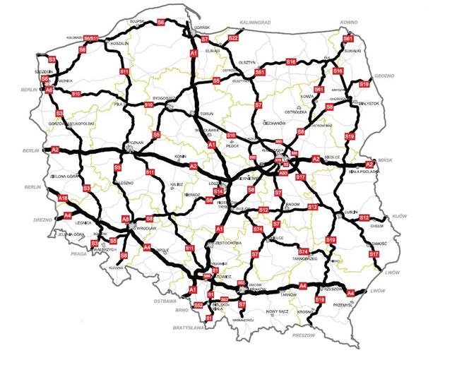 Mapa sieci autostrad i dróg ekspresowych w Polsce