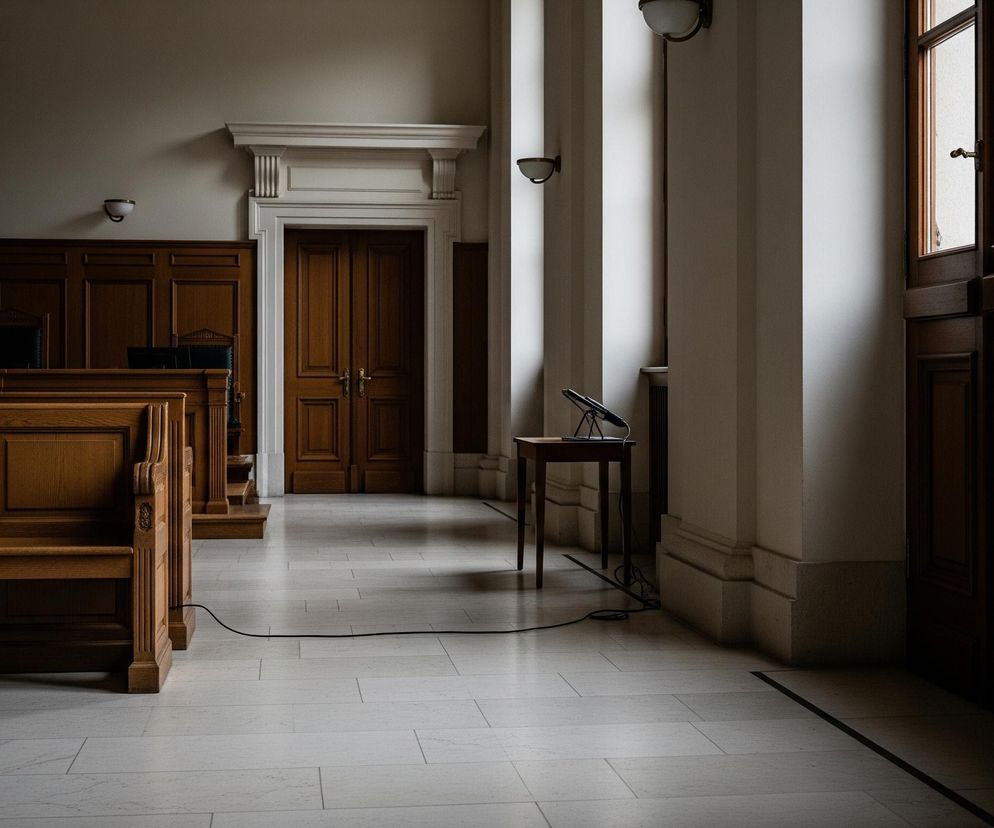 W pomieszczeniu oświetlonym naturalnym światłem z prawej strony, dominują drewniane elementy. Po lewej widoczne są brązowe, rzeźbione ławki oraz wysokie panele ścienne z ciemnego drewna. Na wprost znajduje się podwójne, drewniane drzwi o ozdobnym portalu w kolorze białym, a nad nimi wiszą dwie lampy ścienne z białymi kloszami. Podłoga wyłożona jest jasnymi, prostokątnymi płytkami, na których leży czarny kabel biegnący w kierunku małego, drewnianego stolika z mikrofonem po prawej stronie. Po prawej stronie zdjęcia widoczne są wysokie, białe filary oraz ciemne, drewniane okno z licznymi szprosami, przez które wpada światło.