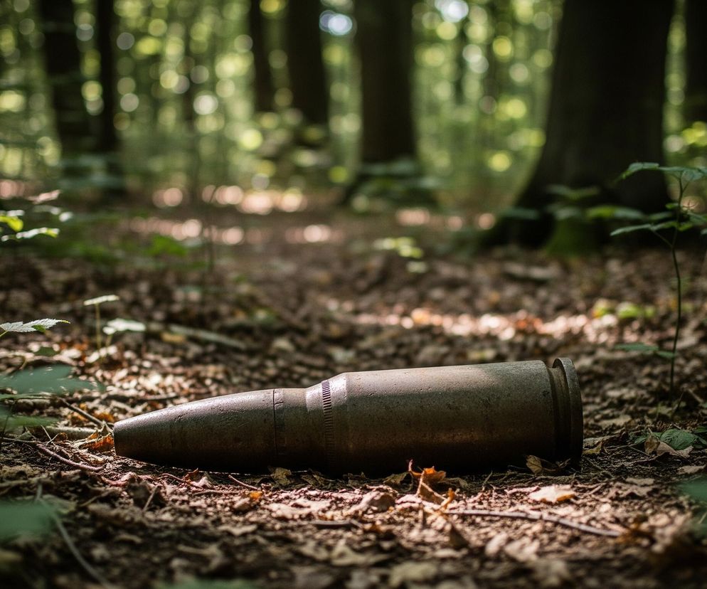 Na pierwszym planie, centralnie leży metalowa łuska pocisku o barwie brudnego mosiądzu, z widocznymi śladami zużycia i zardzewienia, leżąca na ciemnobrązowej ziemi pokrytej liśćmi i drobnymi gałązkami. Łuska skierowana jest ostrą końcówką w lewą stronę kadru, a jej prawa, szersza część ma wyraźnie zaznaczony rant. Wokół łuski oraz w dolnej części obrazu rosną nieliczne zielone rośliny o drobnych liściach, częściowo oświetlone światłem słonecznym. Tło stanowi rozmyty las z niewyraźnymi drzewami o ciemnych pniach i jasnozielonymi plamami światła, tworzącymi efekt bokeh, co wskazuje na gęste korony drzew przepuszczające światło.