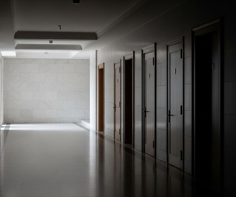 Długi korytarz z rzędem ciemnych drzwi po prawej stronie prowadzi w głąb obrazu. Lewa ściana wyłożona jest jasnym, marmurowym kamieniem, a jej powierzchnia jest gładka i odbija światło w oddali. Podłoga, również jasna i błyszcząca, rozciąga się wzdłuż korytarza, odbijając światło z końca przejścia. Sufit jest ciemny, z widoczną literą T i rzucającymi się w cień ozdobnymi detalami, a na jego końcu, gdzie korytarz się rozjaśnia, widać prostokątne wgłębienie.