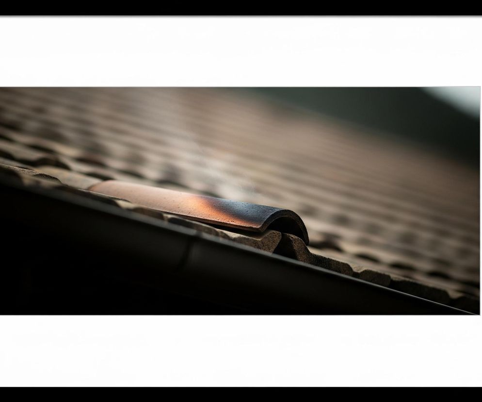 Centralnym elementem obrazu jest dach pokryty dachówkami, ukazany w ujęciu z bliska i pod kątem, z białą ramą otoczoną czarną obwódką. Na pierwszym planie, w lewym dolnym rogu, znajduje się ciemna rynna, z której wyłania się pojedyncza dachówka w kształcie litery U, częściowo oświetlona pomarańczowo-brązowym światłem po prawej stronie, przechodzącym w ciemny granat po lewej. Pozostałe dachówki, ułożone w rzędy, rozciągają się ku górze i prawej stronie, stając się coraz bardziej rozmyte i niewyraźne, z dominującymi odcieniami brązu i szarości.