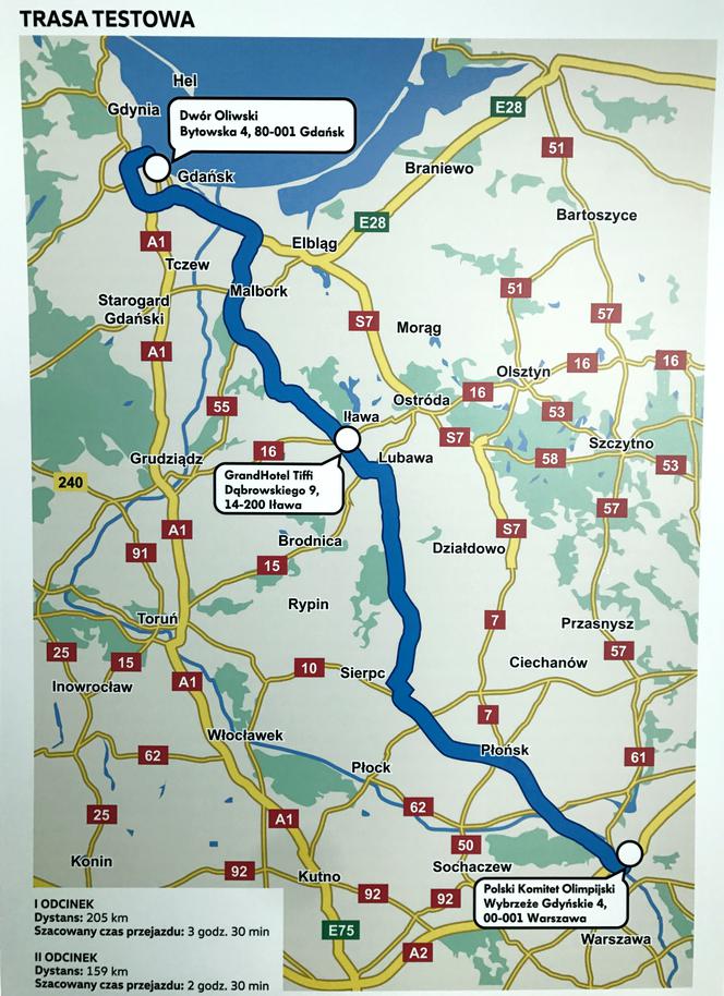 Test ekonomiczności - mapa trasy Warszawa-Sopot