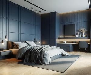 Granatowa sypialnia z jasna podłogą