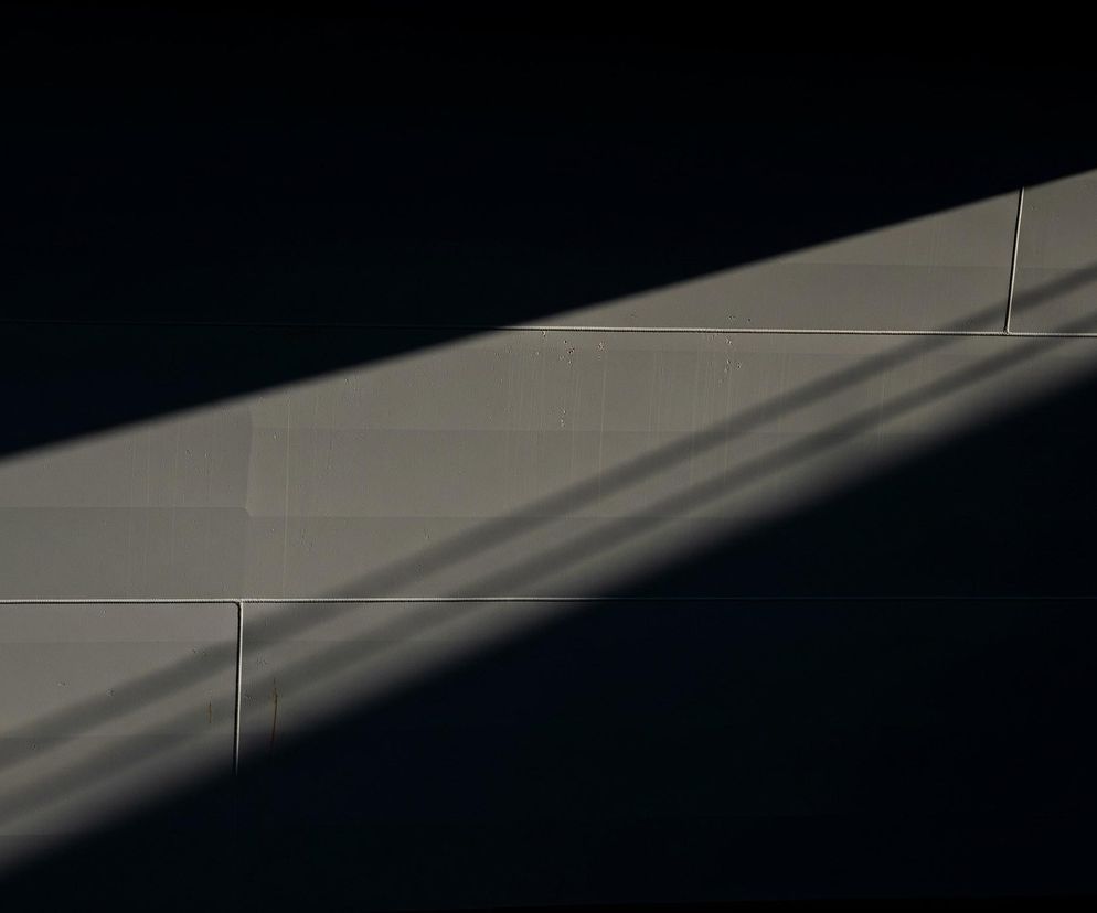 Przekątna smuga jasnego światła przecina ciemną, matową powierzchnię, rozświetlając jej centralną część. Światło ujawnia panelową konstrukcję ściany, składającą się z trzech poziomych sekcji, oddzielonych wyraźnymi, jasnymi liniami poziomymi i pionowymi. Na rozświetlonym fragmencie widoczne są także subtelne, wydłużone cienie, równoległe do głównego promienia światła, oraz drobne nierówności tekstury powierzchni.