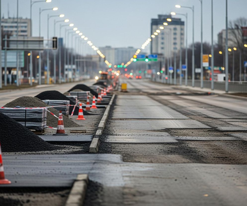 Centralną część kadru zajmuje szeroka ulica w trakcie remontu, z widocznymi hałdami czarnego kruszywa i pachołkami drogowymi wyznaczającymi pas robót. Lewa strona jezdni jest pokryta ciemnym materiałem, gotowym do położenia asfaltu, zaś prawa strona ma odsłoniętą, nierówną nawierzchnię bazową. W oddali, wzdłuż ulicy, rozciągają się rzędy latarni oświetlających drogę, a na horyzoncie majaczą budynki mieszkalne i bloki. Kolorystyka obrazu jest stonowana, dominują szarości i brązy, z akcentami pomarańczowych pachołków i świateł sygnalizacji drogowej w oddali.