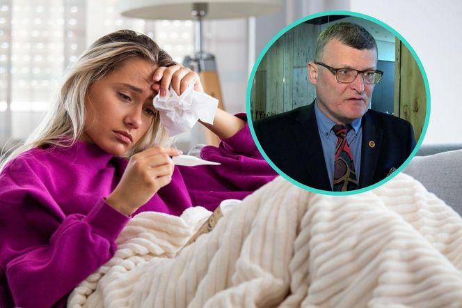 Kobieta w fioletowej bluzce, leżąca pod beżowym kocem na kanapie, z chusteczką na czole i termometrem w ręce, obok w okręgu Paweł Grzesiowski w garniturze. Ilustruje jesienną falę COVID-19 i wypowiedź Grzesiowskiego o powikłaniach. Więcej na ten temat przeczytasz na Poradnik Zdrowie.