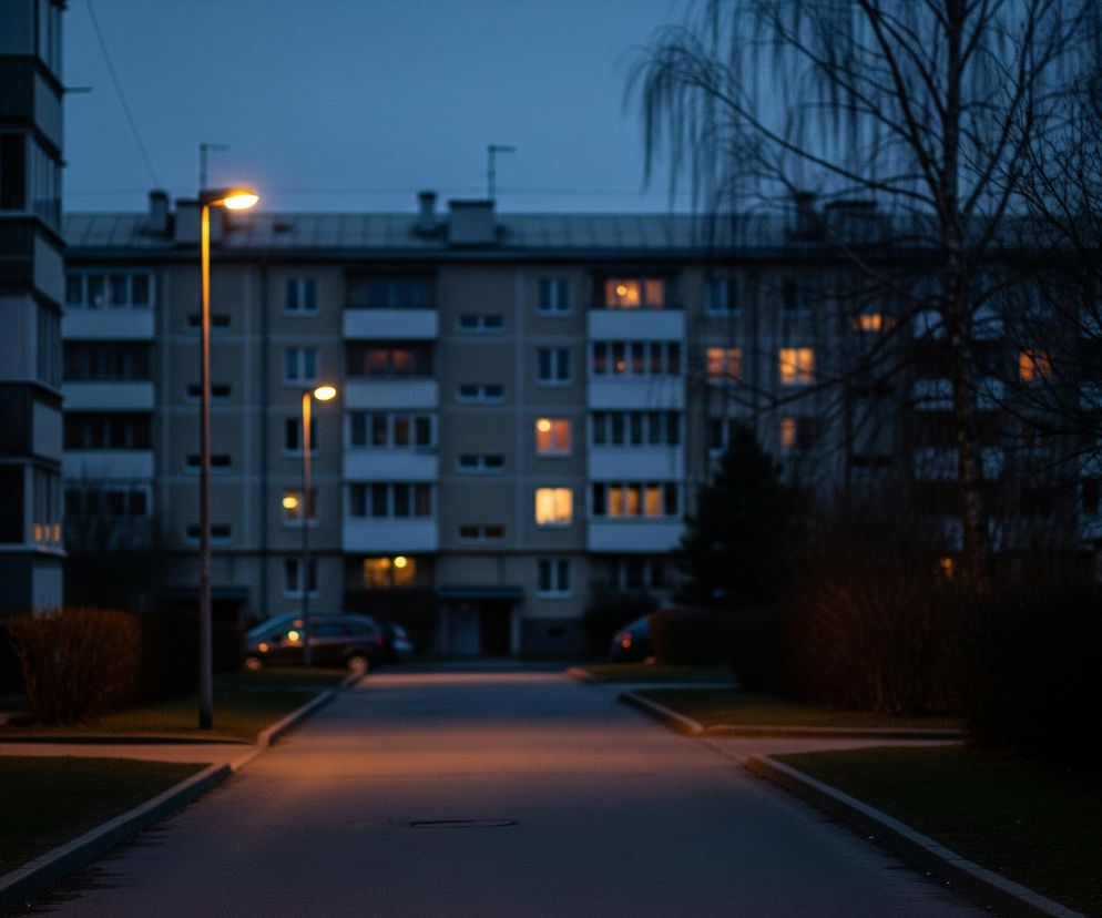 Na pierwszym planie, centralnie, biegnie asfaltowa droga, rozświetlona pomarańczowym światłem lamp ulicznych, które znajdują się po lewej stronie. Droga prowadzi w głąb obrazu, gdzie na jej końcu widać zaparkowany ciemny samochód osobowy. Po obu stronach drogi, na drugim planie, rozciągają się trawniki z krzewami i bezlistnymi drzewami. W tle dominują bloki mieszkalne, z licznymi oknami, w których świecą ciepłe, żółte światła, kontrastujące z ciemnobłękitnym, zmierzchowym niebem.