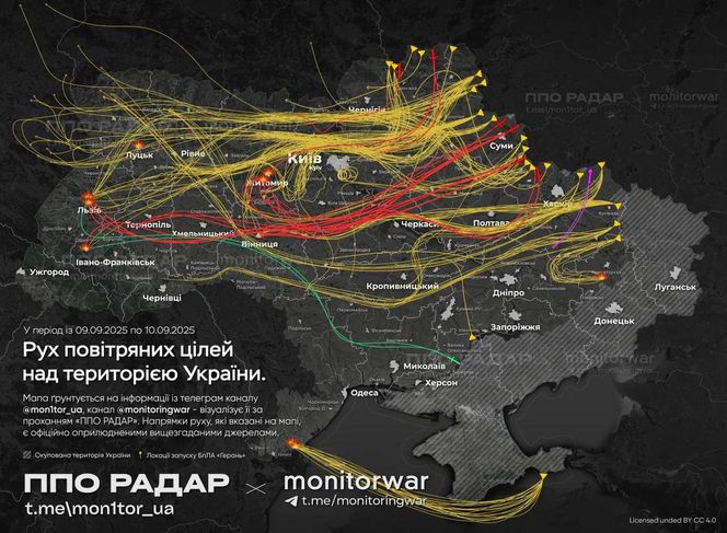 Mapa przelotów dronów z 9 na 10 września