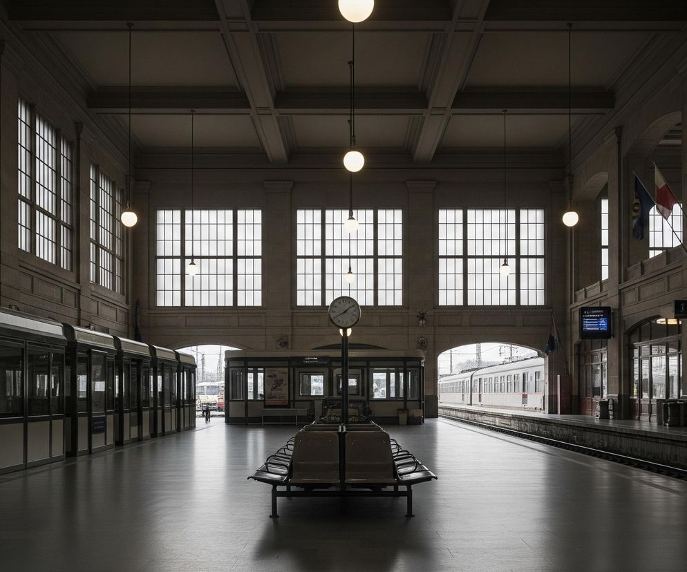 Wnętrze dużego dworca kolejowego, z centralnie umieszczonymi rzędami ław dla pasażerów na pustym peronie. Sufit wspierają rzędy solidnych filarów i belek, a ściany ozdabiają liczne, wysokie okna z podziałami na małe, prostokątne szyby, wpuszczające jasne, dzienne światło. Po lewej stronie peronu widoczne są przeszklone budki kasowe lub usługowe, natomiast po prawej, na równoległym peronie, zaparkowany jest biało-czerwony pociąg widoczny przez duży łukowaty otwór prowadzący na zewnątrz. Na ścianach widać wiszące flagi, a także tradycyjne zegary i cyfrowe tablice informacyjne.
