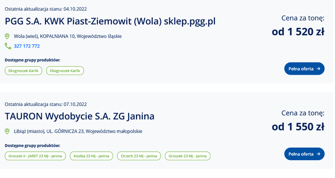 Ceny węgla ze strony cieplo.gov.pl