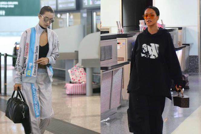 Rihanna i Bella Hadid na lotnisku w dresie