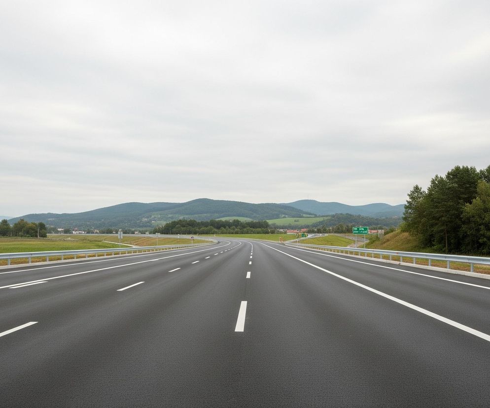 Asfaltowa droga, składająca się z czterech pasów ruchu, biegnie prosto w kierunku horyzontu, a następnie łagodnie zakręca w prawo. Na ciemnoszarym asfalcie widoczne są białe linie wyznaczające pasy oraz przerywane linie oddzielające je od siebie. Po obu stronach drogi znajduje się metalowa barierka ochronna, za którą rozciągają się zielone pola i wzgórza pokryte drzewami. Nad całością rozciąga się jasne, zachmurzone niebo w odcieniach szarości i bieli.