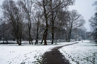 Skawiński park w zimowej otoczce