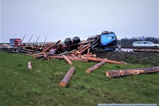 Ciężarówka z balami drewna przewróciła się na autostradzie pod Wrocławiem