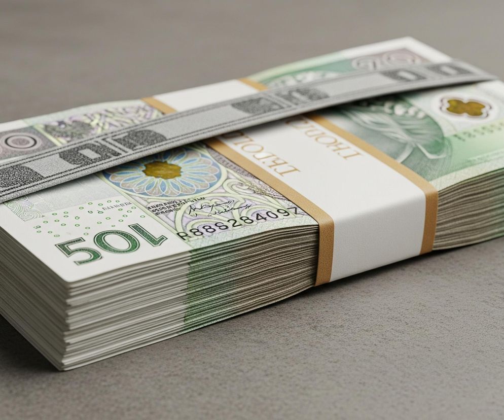 Na pierwszym planie leży stos banknotów o jasnym odcieniu zieleni, przeplatanej elementami w kolorach białym, żółtym i niebieskim. Banknoty są ułożone w równą, prostokątną stertę i zabezpieczone dwiema opaskami: jedną szeroką, biało-brązową, biegnącą w poprzek sterty, oraz drugą, węższą, szarą z czarnymi wzorami, ułożoną wzdłuż i częściowo zakrywającą opaskę biało-brązową. Na wierzchu banknotów widoczne są fragmenty nominału 50L, numer seryjny R88S28409Z oraz stylizowane ornamenty roślinne, w tym kwiat z żółtym środkiem i niebieskimi płatkami. Całość spoczywa na szarym, teksturalnym tle.