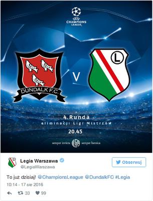 Legia - Dundalk: online, streamy i TV. Transmisja na żywo za darmo 17.08.2016