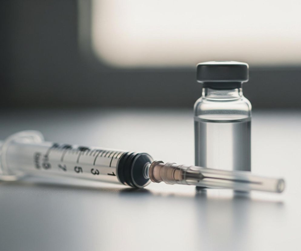 Na pierwszym planie leży strzykawka z igłą, skierowana w prawo, częściowo wypełniona, z widoczną podziałką i czarnym tłoczkiem. Obok, na prawo od strzykawki, stoi mała, przezroczysta fiolka z ciemną zatyczką, zawierająca jasny płyn. Obiekty znajdują się na gładkiej, szarej powierzchni, a tło jest rozmyte, z jaśniejszym obszarem po prawej stronie, przypominającym okno.