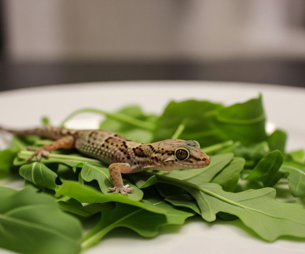 Mała jaszczurka z brązowo-beżową, cętkowaną skórą leży na stosie zielonych liści rukoli, ułożonych na białym talerzu. Jaszczurka jest zwrócona w prawo, jej głowa znajduje się bliżej prawej krawędzi kadru. Jej oczy są duże, ciemne, z wyraźnymi źrenicami otoczonymi złocistą tęczówką. Talerz zajmuje dolną część obrazu, a tło jest rozmazane, przedstawiając niewyraźne, ciemne i jasne plamy.
