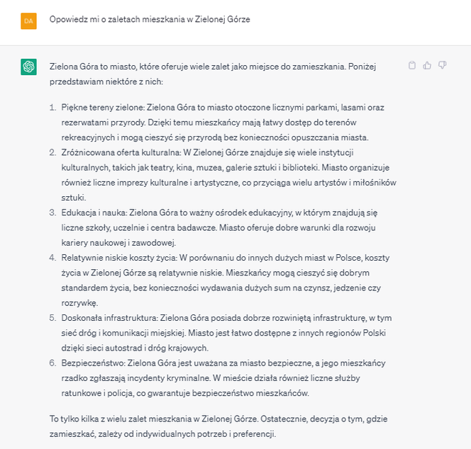 ChatGPT opowiedział o wadach i zaletach Zielonej Góry