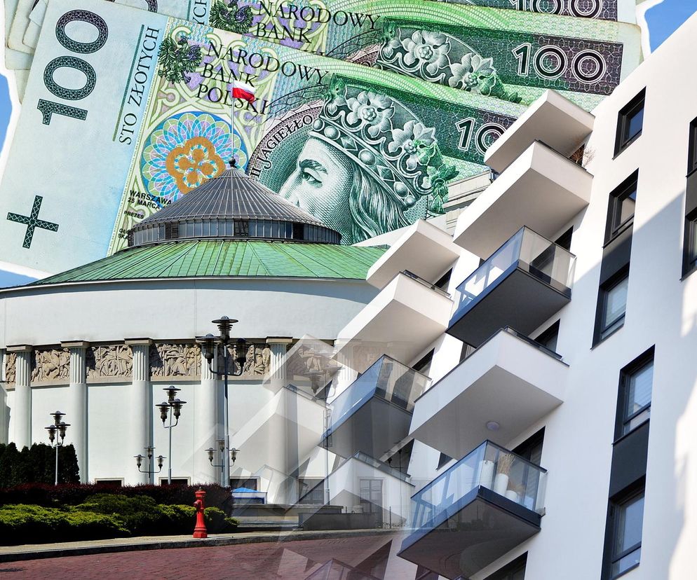 Stos banknotów 100-złotowych na tle budynku Sejmu oraz nowoczesnego bloku, symbolizujące nowy dodatek mieszkaniowy dla służb mundurowych. Informacje o tej polityce i jej wpływie na budżet domowy można przeczytać na Super Biznes.