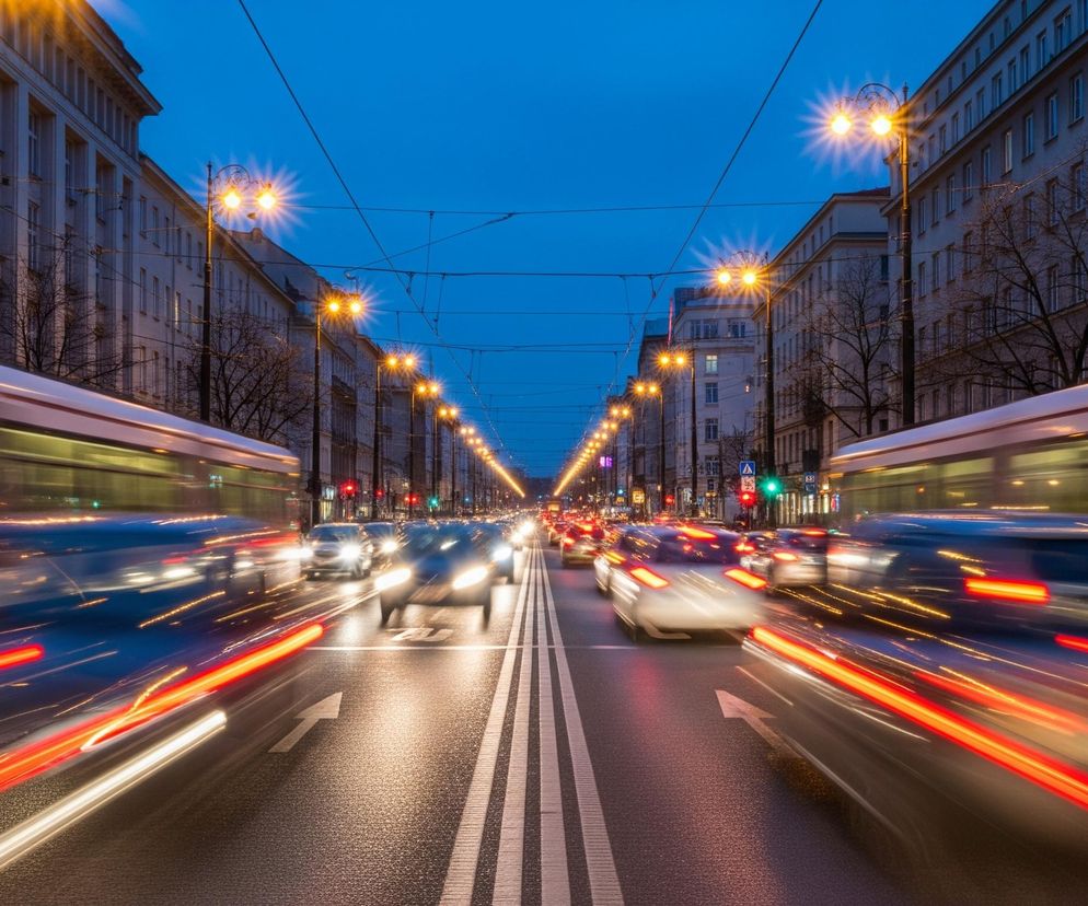 Ulica miejska, sfotografowana w nocy, ukazuje dynamiczny ruch pojazdów. Wzdłuż alei, po obu stronach, wznoszą się symetryczne, wielopiętrowe budynki z licznymi oknami, a przed nimi widoczne są latarnie uliczne, których ciepłe, pomarańczowe światło rozświetla scenę. Na pierwszym planie, po lewej i prawej stronie, widać rozmyte sylwetki autobusów, z intensywnymi smugami pomarańczowych świateł sygnalizacyjnych, powstałych w wyniku długiego czasu naświetlania. Centralna część ulicy wypełniona jest jadącymi samochodami, których przednie reflektory tworzą smugi białego światła, a tylne światła – długie, czerwone pasma. Całość zanurzona jest w głębokim, granatowym niebie.