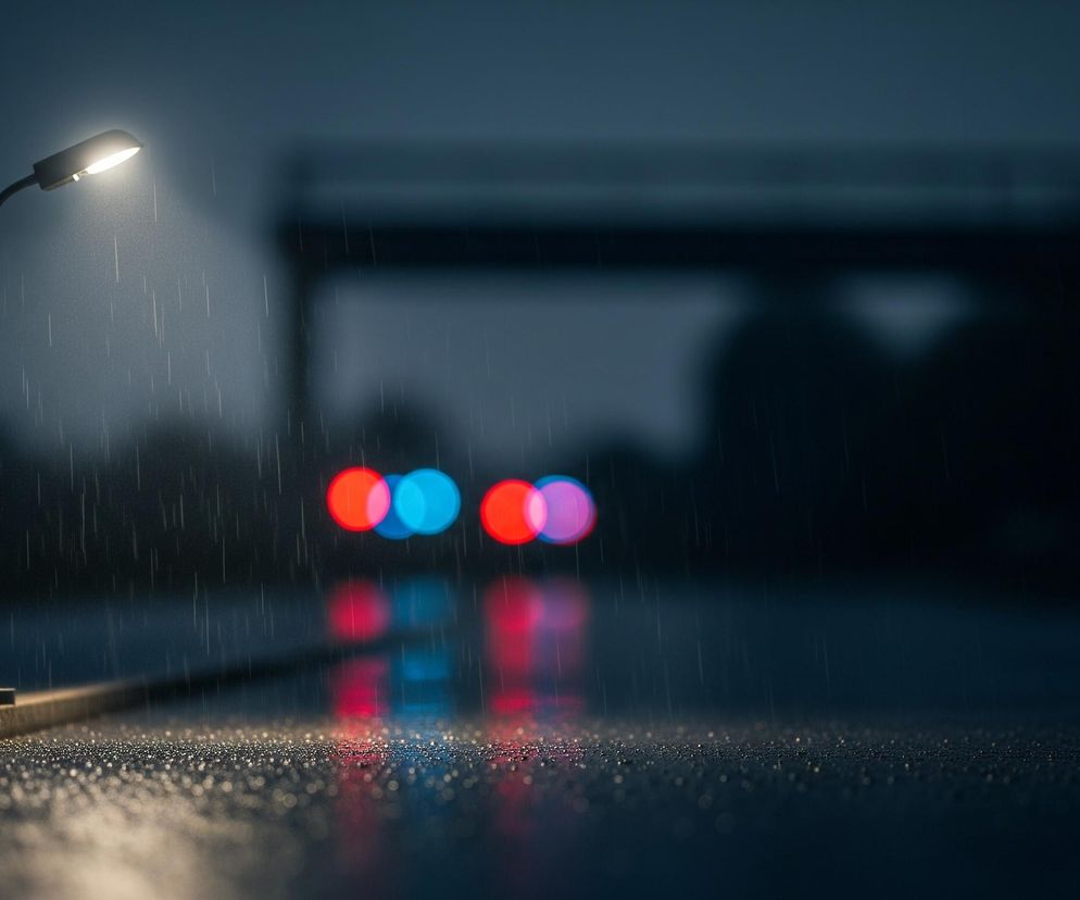 Wysoka, ciemna latarnia uliczna z jasnym, białym światłem stoi po lewej stronie obrazu, oświetlając padające krople deszczu. Mokra powierzchnia asfaltu w dolnej części obrazu odbija blade światło lampy oraz rozmyte, intensywnie czerwone i niebieskie światła pojazdów widocznych w oddali, tworząc kolorowe plamy bokeh. W tle rozciąga się ciemny, niewyraźny pejzaż miejski lub infrastruktura mostu.