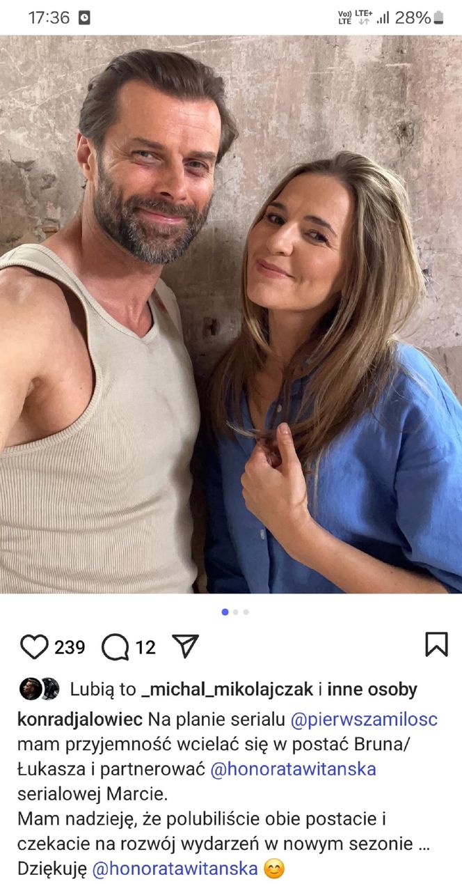 	Pierwsza miłość nowy sezon na planie. Marta (Honorata Witańska), Bruno/ Łukasz Mejer (Konrad Jałowiec)