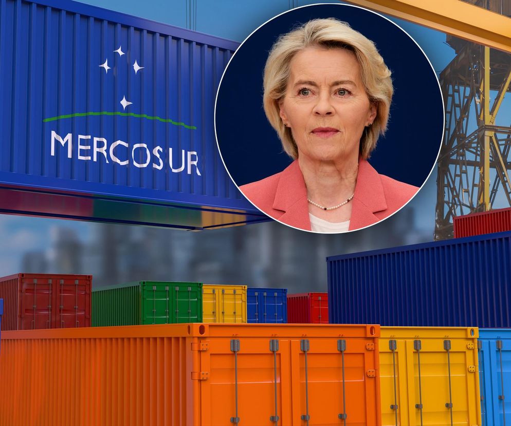 Portret Ursuli von der Leyen na tle kontenerów z logo Mercosur.  Ilustracja omawiająca negocjacje umowy handlowej UE-Mercosur i mechanizmy ochronne dla rolników UE, dostępne na portalu Super Biznes.  6,3 mld euro rezerwy i „hamulec bezpieczeństwa” mają minimalizować ryzyko destabilizacji rynku.