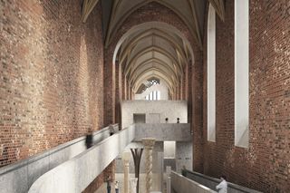 Widok z rampy w prezbiterium na przestrzeń wystaw