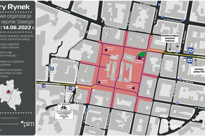 Schemat zmian organizacji ruchu na Starym Rynku i wokół niego