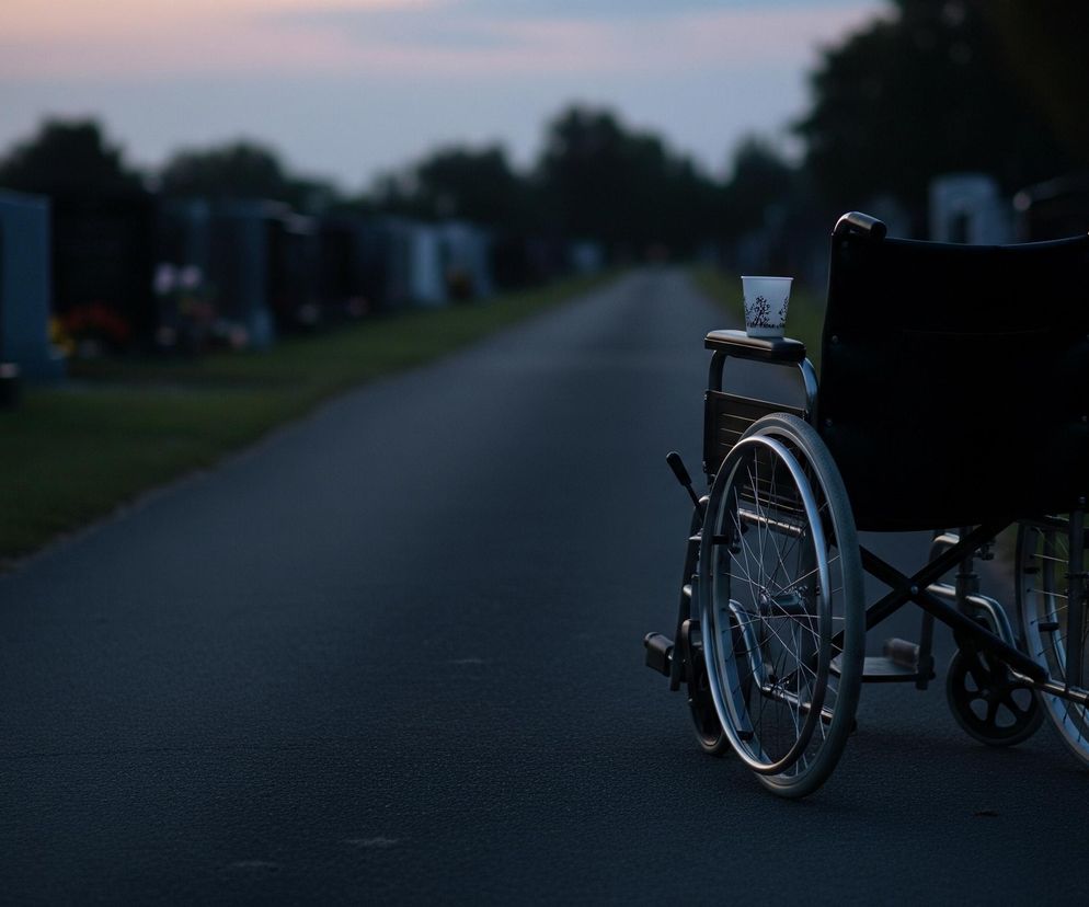 Na pierwszym planie, z prawej strony, stoi czarny wózek inwalidzki zwrócony tyłem do widza, z lewym kołem widocznym od boku. Na podłokietniku wózka znajduje się biały kubek z czarnym wzorem przypominającym drzewa. Wózek stoi na ciemnoszarej, asfaltowej drodze, która rozciąga się w głąb obrazu. Po obu stronach drogi rozciąga się zielony trawnik, a za nim widać szeregi ciemnych nagrobków i drzew, zamazanych w tle. Niebo jest jasne, w odcieniach różu i błękitu, sugerując wschód lub zachód słońca.