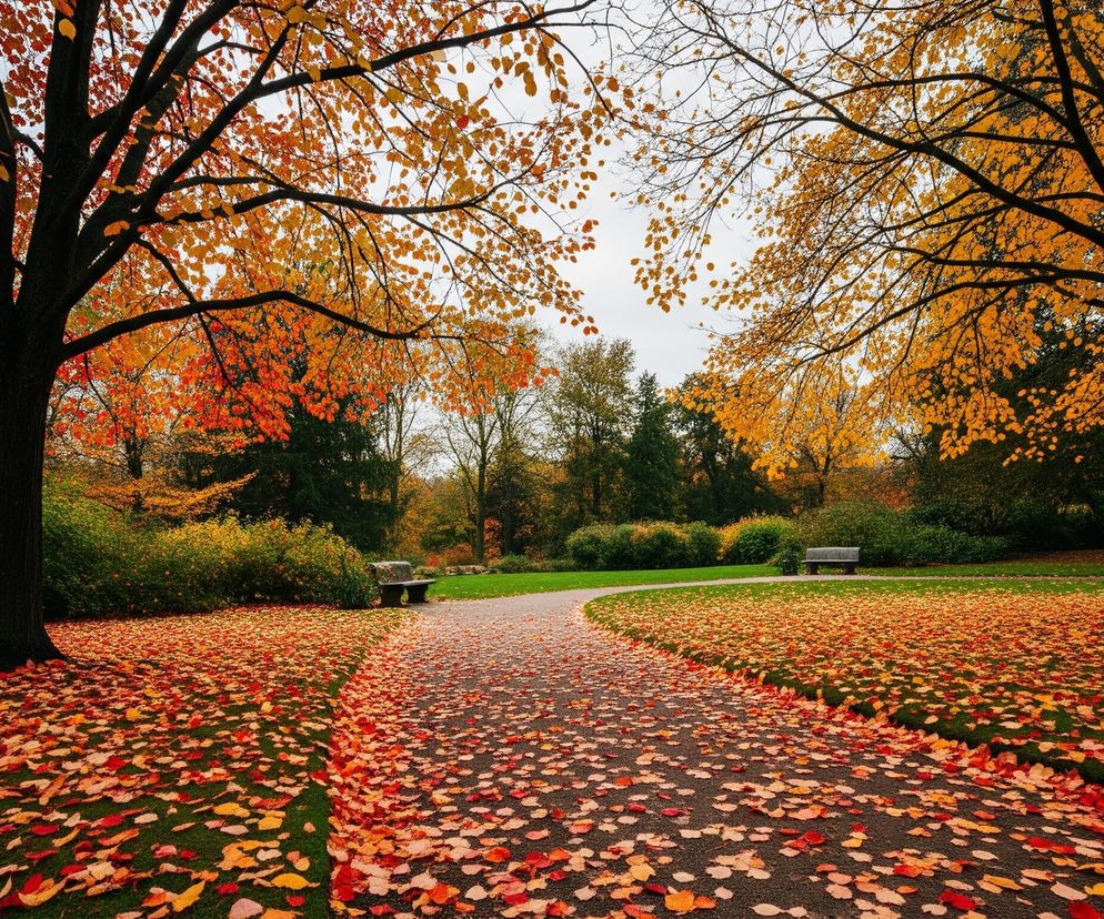Pomiędzy dwoma drzewami o ciemnych pniach i gałęziach, pokrytymi pomarańczowo-żółtymi liśćmi, biegnie wygięta ścieżka. Cała ziemia, zarówno ścieżka, jak i trawniki po bokach, jest gęsto pokryta spadłymi liśćmi w odcieniach czerwieni, pomarańczu i żółci. W tle widoczne są inne drzewa i krzewy, częściowo zielone, częściowo żółte, pod szarym, zachmurzonym niebem. Po obu stronach ścieżki, na trawnikach, stoją dwie kamienne ławki.