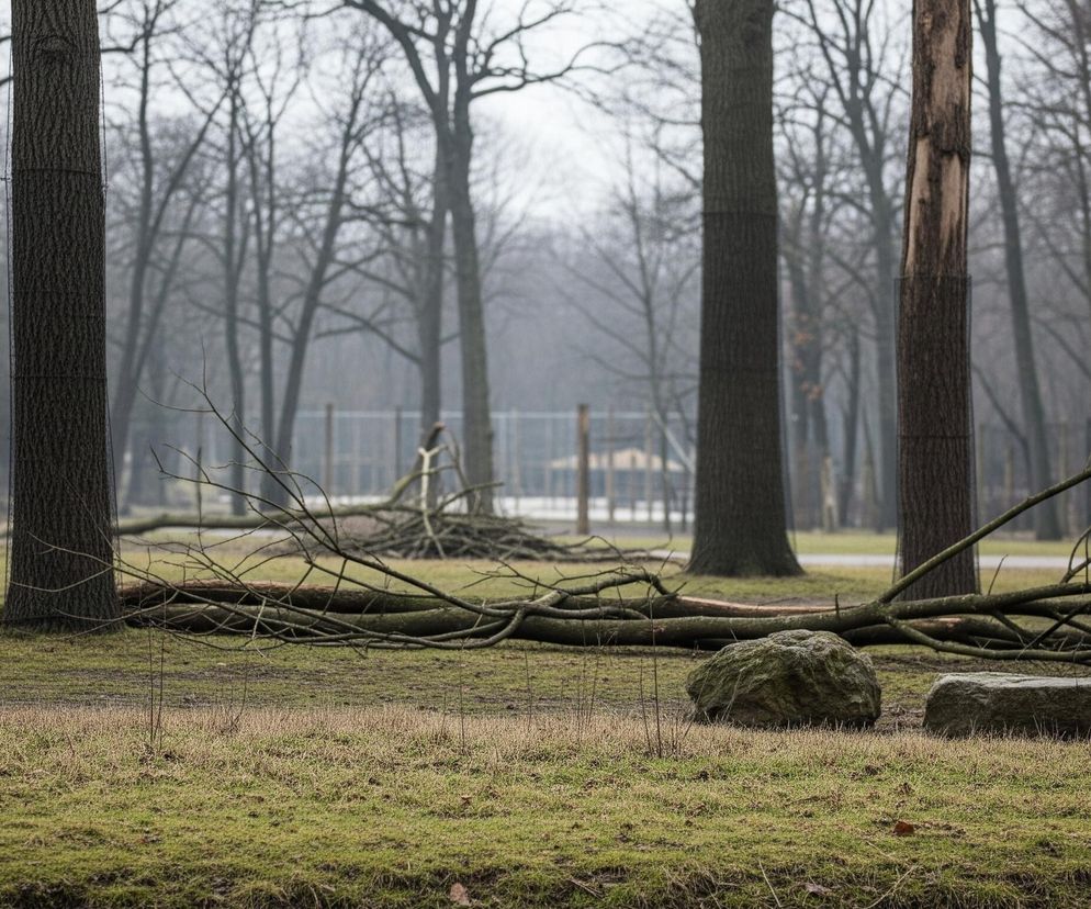 Las w pochmurny dzień, prawdopodobnie zimą lub wczesną wiosną, z dominującymi szaro-zielonymi odcieniami. Na pierwszym planie widać trawę, miejscami suchą i żółtawą, miejscami zieloną i wilgotną, oraz kilka dużych, omszałych kamieni. Przez środek kadru poziomo leżą grube gałęzie i pnie drzew, które tworzą naturalne przeszkody na zielonym podłożu. W tle wznoszą się liczne pnie drzew o ciemnej korze, z których część jest owinięta metalową siatką, a na jednym widoczne jest duże, jaśniejsze uszkodzenie kory. Drzewa w dalszym planie są bezlistne i rozmyte, tworząc mglisty horyzont.