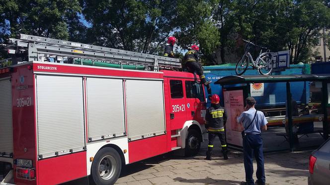 Łódź: Straż pożarna zamiast gasić pożary ściąga rowery miejskie z dachów. Tym razem z przystanku na Dąbrowskiego