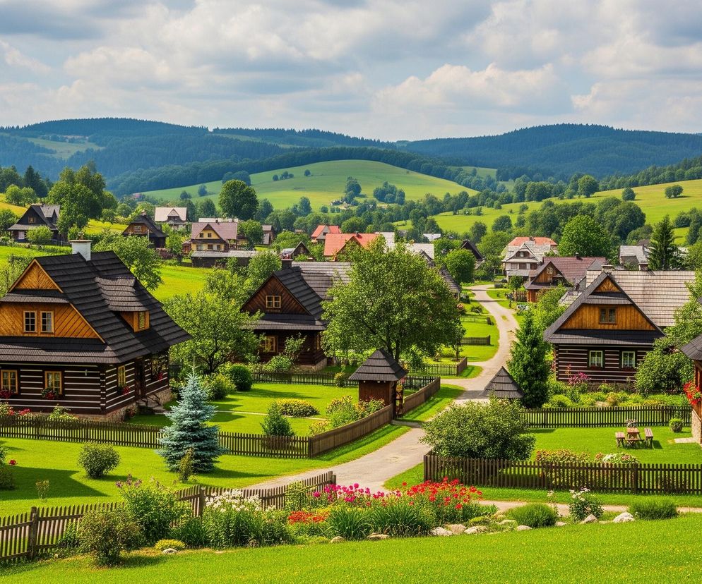 Widoczna jest górska wieś z licznymi drewnianymi domami o ciemnych dachach i jasnych oknach, otoczonymi zielonymi trawnikami i drewnianymi płotami. Domy mają charakterystyczne, ciemnobrązowe ściany z jaśniejszymi poziomymi listwami i często ozdobione są kwiatami w skrzynkach pod oknami lub na balkonach. Kręta, szara droga prowadzi przez centrum wsi, a wzdłuż niej rosną liczne drzewa i krzewy. W tle rozciągają się zielone, falujące wzgórza pokryte lasami, a nad całością widać częściowo zachmurzone niebo z błękitnymi prześwitami.