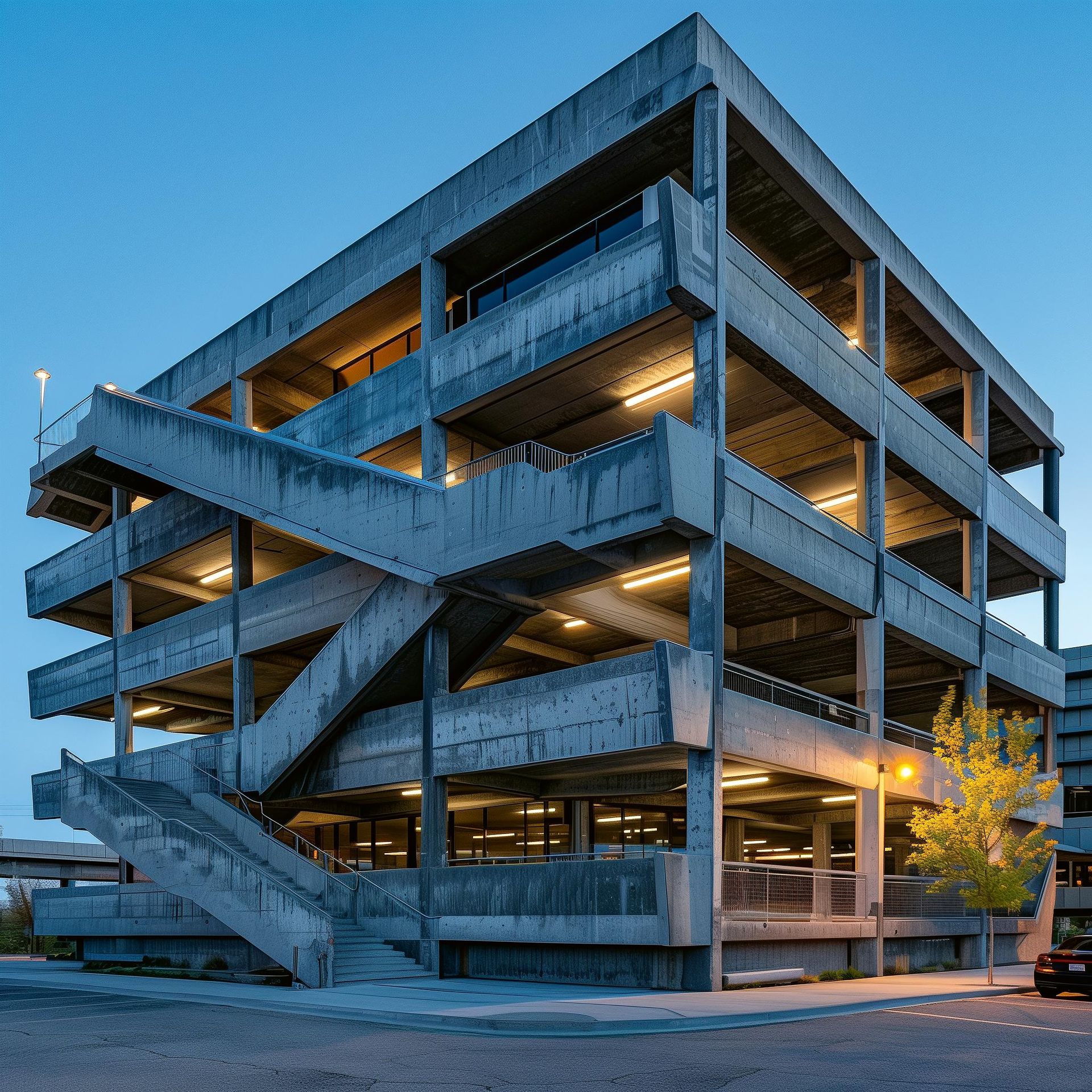 Midjourney 6.1; efekty pracy sztucznej inteligencji po wpisaniu promptu: Photo  of architecture, three-storey parking lot in the style of Thomas Jefferson