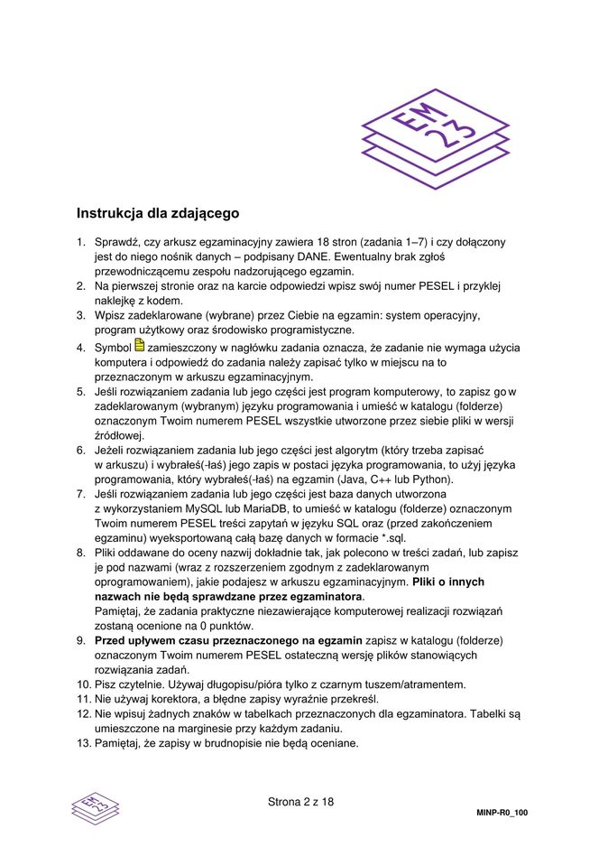 Matura 2025 informatyka rozszerzona - arkusz CKE 14.05.2025 - Formuła 2023